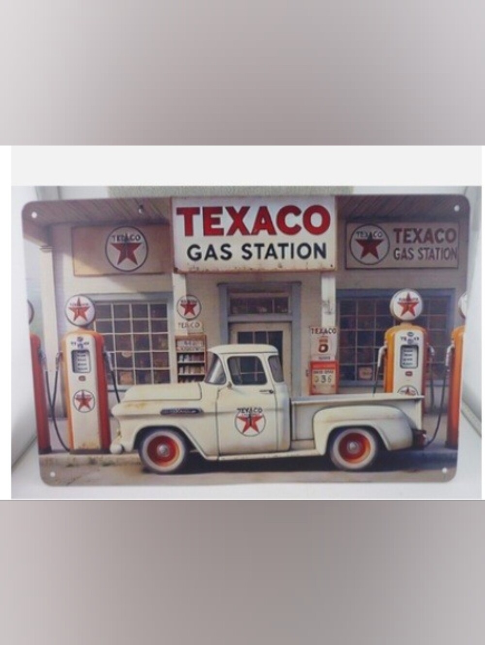Texaco Vintage Pickup Truck Wall Art - Cream and Red Tin Sign Wall Hanging